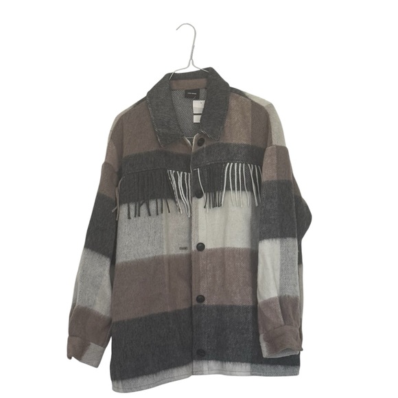 Jackets & Blazers - Striped Fringe Jacket - Black, Brown, Gray
